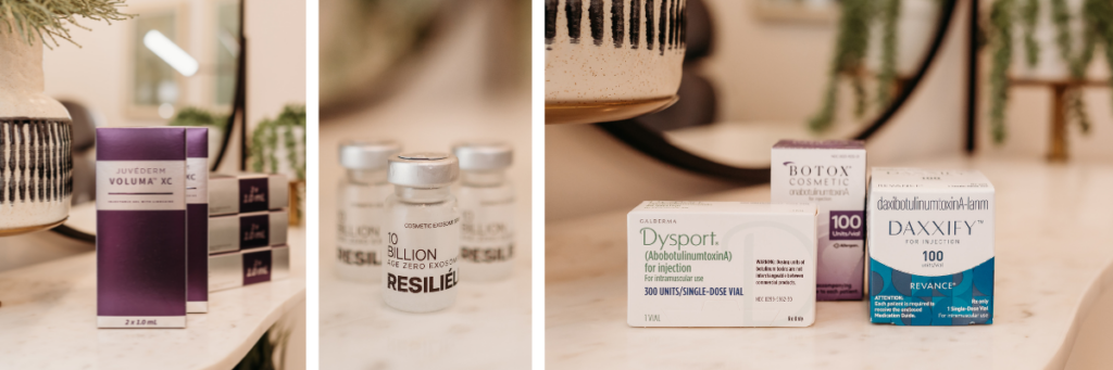 Three picture collage of botox injectable products