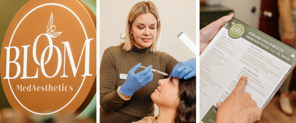 Three picture collage - first picture is of the Bloom MedAesthetic logo at the store entrance, second photo is of Bridget providing a botox service to a client, and the third is the list of bloom services