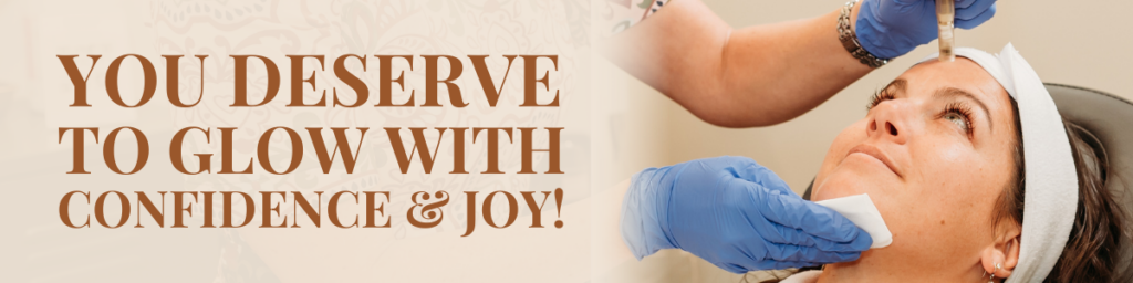 The Top Holiday Treatments for Your Skin – Bloom MedAesthetics A woman getting a skin treatment done on her face with text to the left that says "You deserve to glow with confidence and joy!"