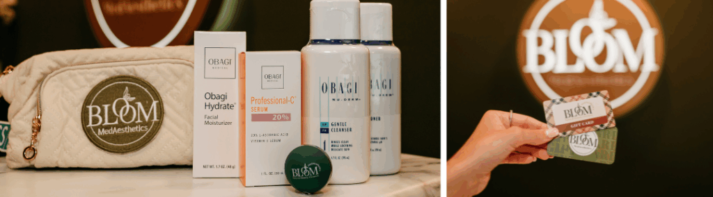 Obagi skincare products and BLOM MedAesthetics gift cards displayed at the clinic for skincare and wellness treatments and holiday glow-up.